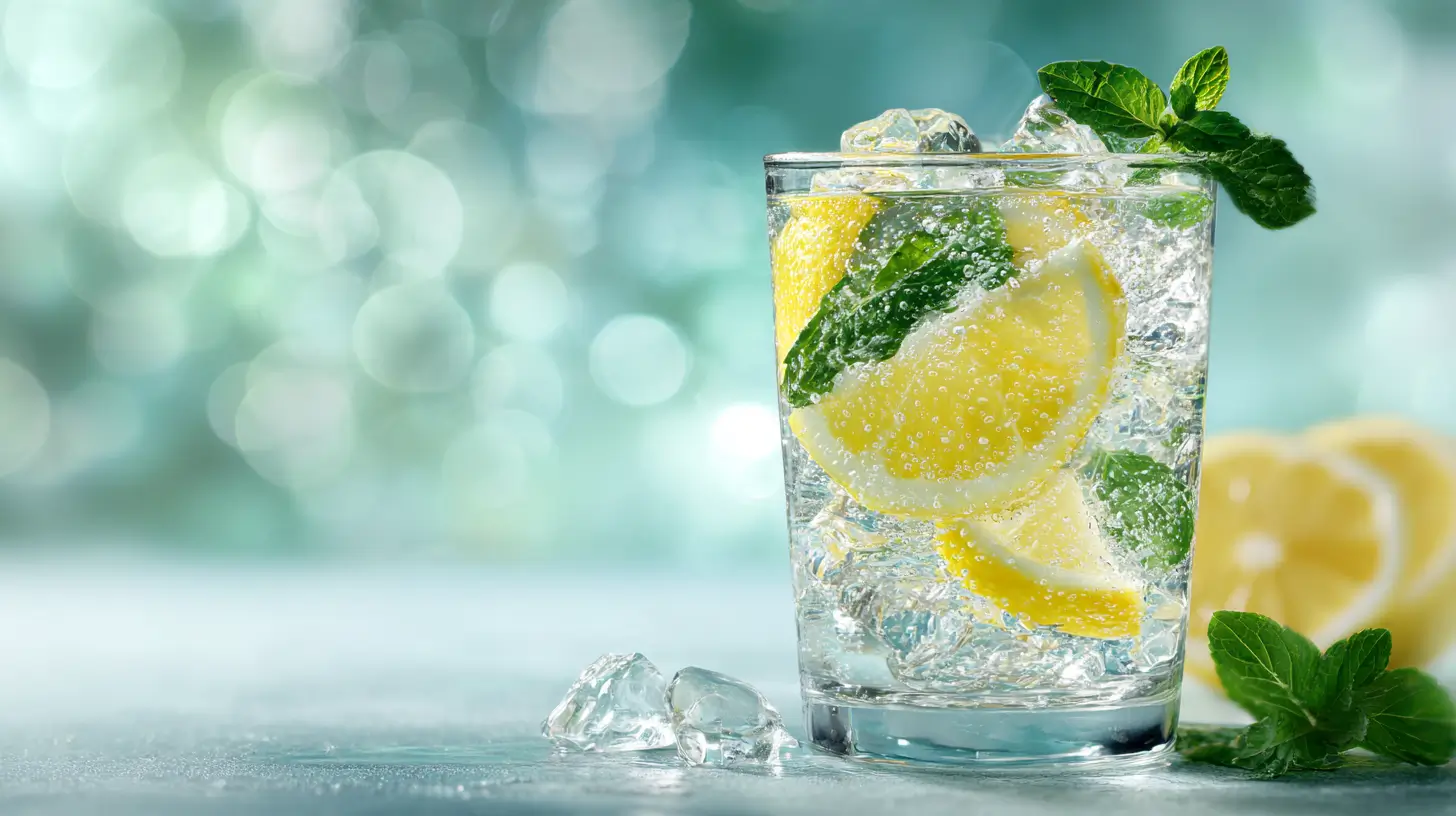 Sparkling collagen water with lemon and mint in a clear glass