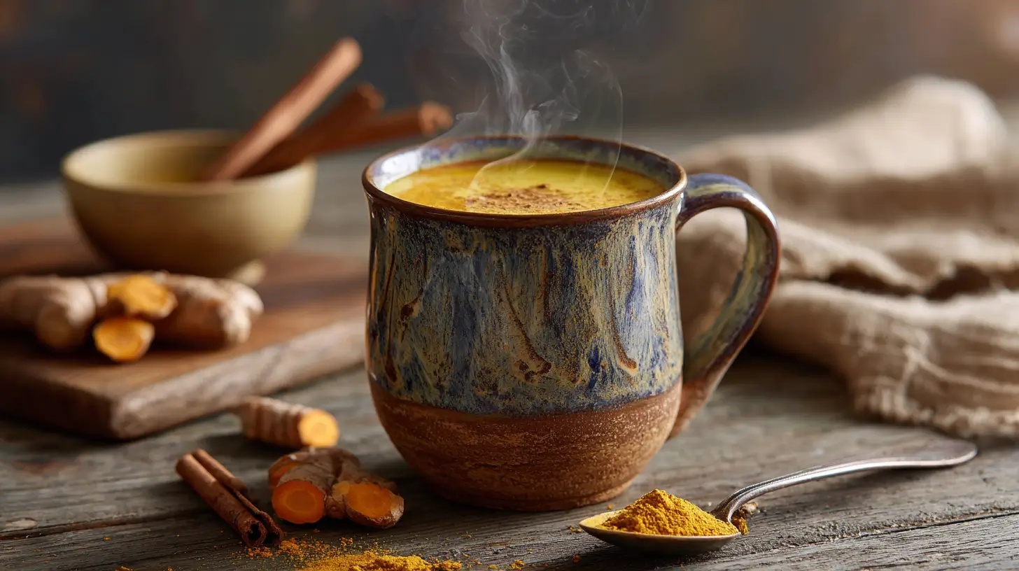 Cup of turmeric collagen tea on wooden table with steam rising