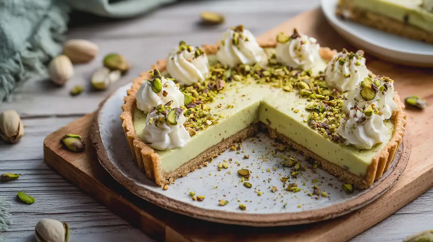 keto pistachio cream tart with crushed pistachios and almond flour crust
