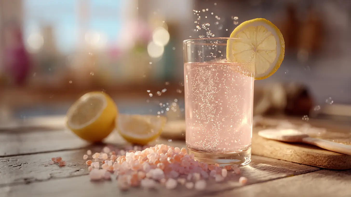 glass of pink salt and baking soda drink on wooden table with Himalayan salt crystals