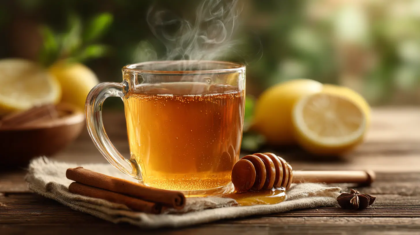 Steaming Canaan honey drink on a wooden table with lemon and cinnamon