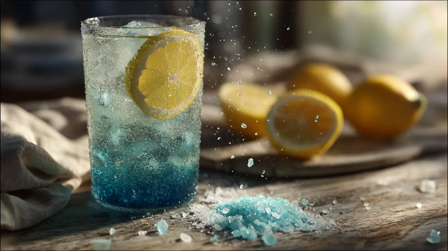 Refreshing Himalayan Blue Salt Trick Recipe drink with lemon on rustic wooden counter.