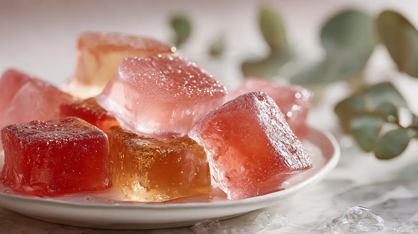Bowl of rose-pink gelatin cubes on marble countertop for bariatric surgery gelatin trick recipe