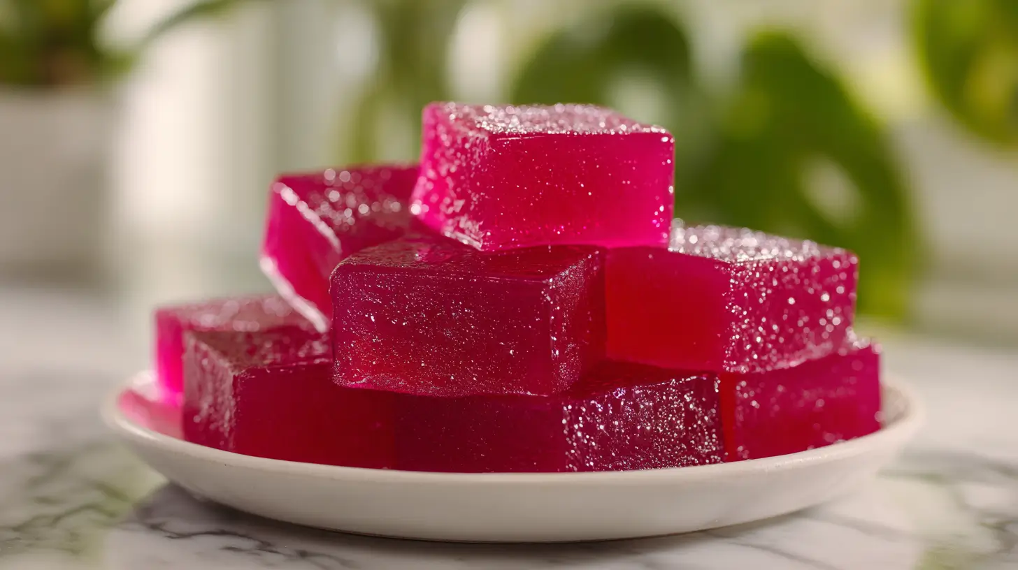Glossy pink bariatric gelatin recipe cubes stacked on white plate